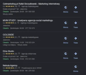 Wyniki wyszukiwania w mapach google agencja marketingowa jaworzno